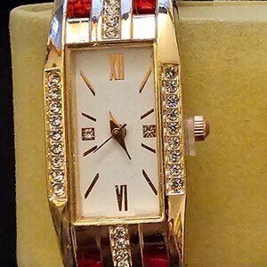 Women's Watch with Rhinestones and Red Pu Leather Band